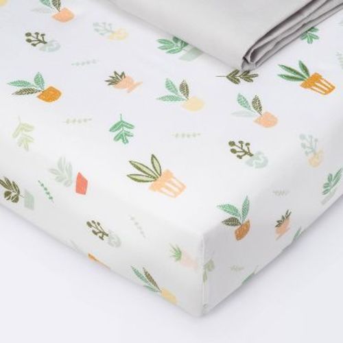 Fitted Crib Sheet - Cloud Island™ - Plants/Gray - 2pk: 100% Cotton, Botanical Percale, 200 Thread Count