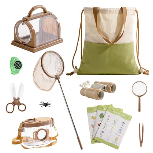 ROBOTIME Explorer Kit & Bug Catcher Kit for Kids, 12PCS Bug Catching Kit, Outdoor Bug Collection with Kids Binoculars, Butterfly Net, Insect Box, Magnifying Glass and Compass Watch for Toddlers 3-12