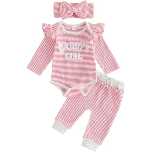 Newborn Baby Girl Fall Outfit Set Romper Pants Infant Waffle Clothes | Long Sleeve Letter Embroidery Jumpsuit Bodysuit