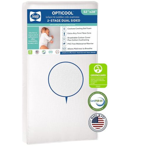 Sealy Baby OptiCool Breathable Crib Mattress, GREENGUARD GOLD Certified, Made in USA, Toddler Bed Fit, 2 Stage Cooling Memory Foam, Non Toxic, Airy Cotton Cover, Safety & Quality Tested, 52x28"