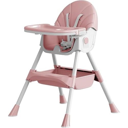 Baby High Chair, 5 in 1 High Chairs for Babies and Toddlers, Travel Foldable High Chair with Detachable PU Cushion, Double Removable Tray, Adjustable Height & Recline, Locking Wheels (Pink)