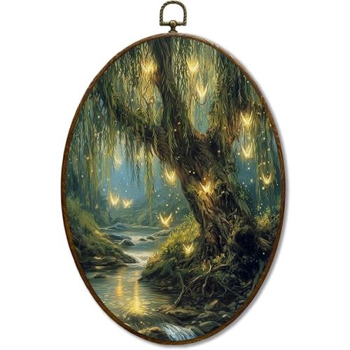 JQF Vintage Enchanted Forest Willow Tree Oval Wall Decor, Rustic Cottagecore Oval Canvas Wall Art, Dark Academia Nature Framed Prints Hanging Decor for Home Bedroom Living Room, 8.5x11.5 Inch