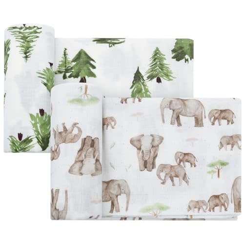 LifeTree Baby Swaddle Blankets, Boys Girls Muslin Swaddling Wrap Receiving Blanket for Newborn, 70% Viscose from Bamboo and 30% Cotton, Large 47" x 47", Elephant and Tree Pattern