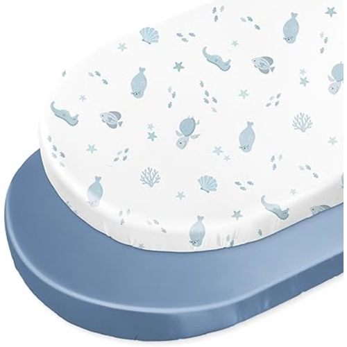 Unicorn Castle Satin Bassinet Sheets Baby 2 Pack Soft for Baby Hair Skin Fitted Bedside Bassinet Sheets for Newborn for Oval Rectangle Hourglass Bassinet Mattress,White Ocean - Blue
