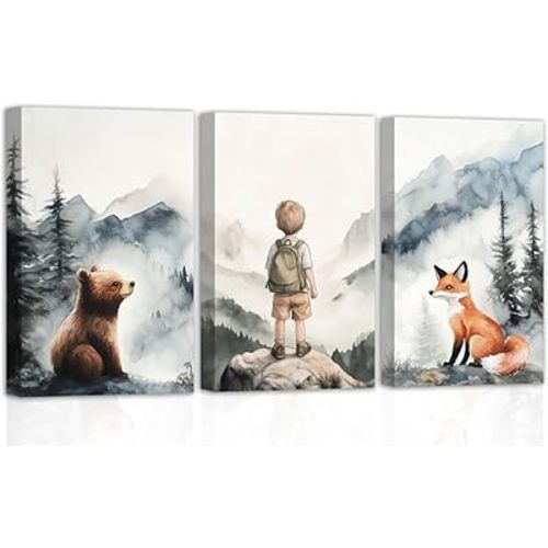 CHAOSETKEN Adventure Nursery Wall Art 3 Pieces Boy Girl and Fox Bear Canvas Prints Watercolor Mountain Picture Woodland Adventure Themed Poster for Home Decor Frame (Orange,11.00" x 14.00" x 3PCS)