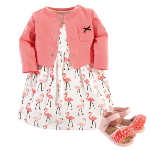 Hudson Baby Infant Girl Cotton Dress, Cardigan and Shoe 3pc Set, Flamingos, 6-9 Months
