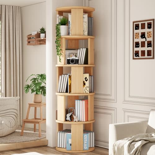 5 Tier Rotating Bookshelf Tower, 360° Display Round Bookcase, Floor Standing Corner Revolving Bookshelf Organizer Storage Rack for Home Study Office, Oak