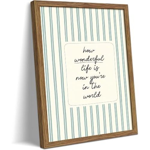 Vintage Nursery Inspirational Wall Art, How Wonderful Life Is Now You're in the World Canvas Wall Decor Painting, Blue Striped Kids Quote Poster Print Picture for Baby Room Bedroom 12x16 Inch Framed