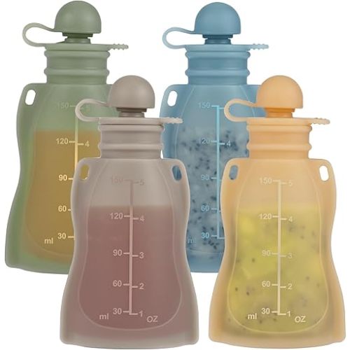 Eascrozn Reusable Baby Food Pouches, 4 Pack with Straw Squeezable Pouches for Toddlers, BPA-Free, Refillable Silicone Baby Food Storage Containers, 5 oz