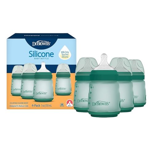 Dr. Brown's Silicone Baby Bottle, 5 oz, Level 1 Nipple, 0m+, Green, 4-Pack
