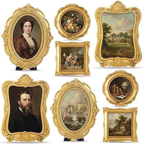 Qunclay 8 Pcs Vintage Picture Frames Set Antique Gold Wall Gallery Frame Mini Baroque Resin Photo Frame Small Oval Ornate Frames for Home Tabletop Wedding Display 3x3, 4x6, 5x7 Inch (Vintage Style)
