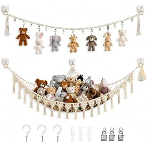 2pcs Stuffed Animal Storage Combo,Handcrafted Macrame Corner Hammock Net