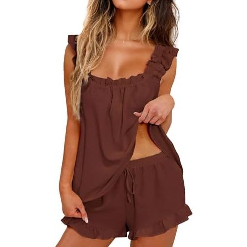 KFUBUO Womens Pajamas Set 2 Piece Ruffle Pj Soft Tank Top and Shorts Sleepwear Set Bridal Pajama for Women Set