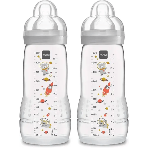 MAM Easy Active Baby Bottles 11oz, Fast Flow Skinsoft Silicone Nipple with Wide Neck Ergonomic Design, Easy to Hold, BPA-Free, Bottles with Leak-Proof Caps for 4+ Months Baby