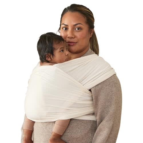 Ergobaby Aura Baby Wrap Carrier for Newborn 0-12 Months | Soft Stretchy Infant Wrap Carrier with Hip-Healthy Positioning, Pre-Tied Design, Fits 8-25 lbs, Cream