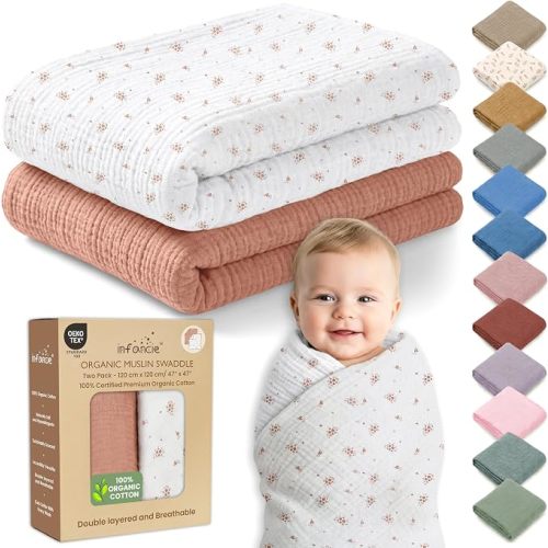infancie Organic Muslin Baby Blanket 2-Pack Cinnamon & Wildflower, 47x47 Inch, 100% Organic Cotton Oeko-TEX Certified Hypoallergenic Swaddle Blanket for Newborn Boy, Baby Boy Shower Gift