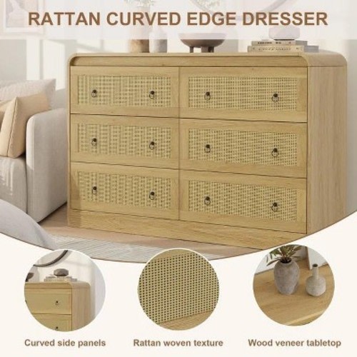 6 Drawer Dresser for Bedroom,46''Wide Rattan Dresser,Dressers & Chests of Drawers,Chest of Drawers for Bedroom,Living Room,Hallway