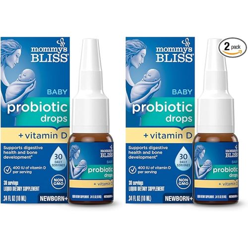 Mommy's Bliss Baby Probiotics + Vitamin D Drops,Supports Digestive Health & Immune Function*,400IU Vitamin D,Supports Bone Development*,Newborns+,Flavorless,0.34 Fl Oz (30 Servings),(Pack of 2)