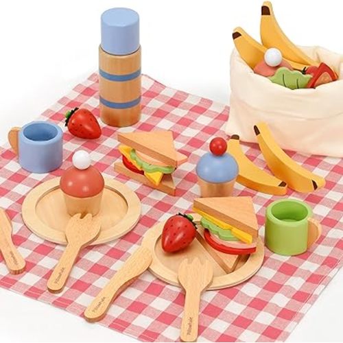 Pillowhale Wooden Play Food Set for Kids, Pretend Picnic Toy