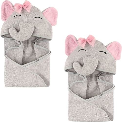 Hudson Baby Unisex Baby Cotton Animal Face Hooded Towel, Pretty Elephant 2-Piece, One Size