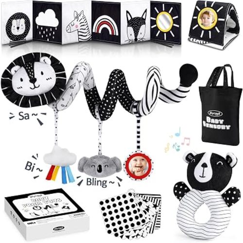 Joyreal High Contrast Baby Toys for Newborn, Black and White Baby Sensory Toys with Car Seat Toys,Infant Toys with Black White Cards Book, Montessori Toys for Baby Gifts