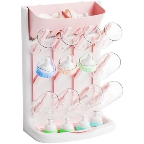 Larger Vertical Baby Bottle Drying Rack - BPA Free - Space Saving Feeding Bottles Drying Rack Holder for Countertop,Baby Bottle Holder Storage Station for Pacifiers,Pump Accessories Stand,Pink