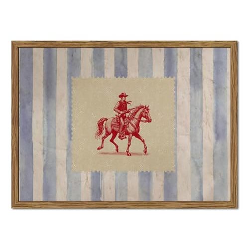 Vintage Western Wall Art, Mid Century Cowboy Rodeo Wall Decor, 12x16 in Framed, Striped Southwestern Poster Canvas Prints Country Horse Riding Artwork for Bedroom Living Room Farmhouse