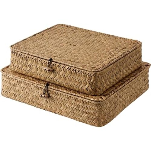 StorageWorks Wicker Basket with Lids, Seagrass Wicker Storage Bins with Lid