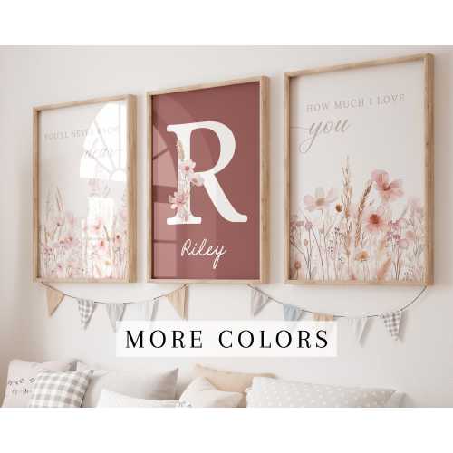 Set of 3 Custom Wildflower Prints Floral Nursery Wall Art Boho Nursery Baby Girl Nursery Wall Art Watercolor Flowers Personalized Baby Name