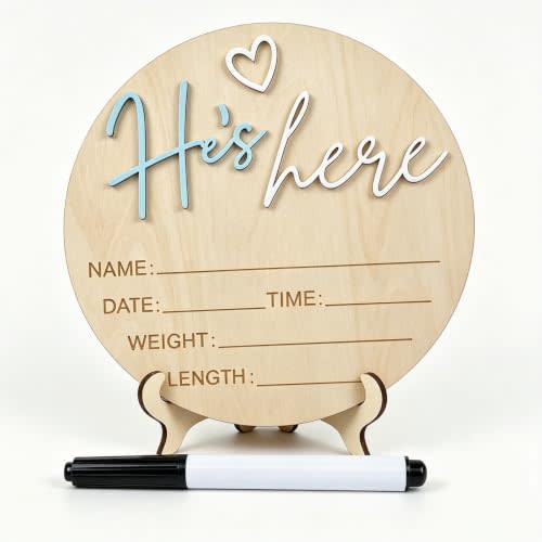 Baby Announcement Sign 5.9 Inch He's here newboBaby Sign Boy or Girl Sign | 5.9 Inch Wooden Welcome Baby Sign with Stand,Newborn Photo Props,Newborn Arrival To World,Baby Room&Hospital Nursery Decor