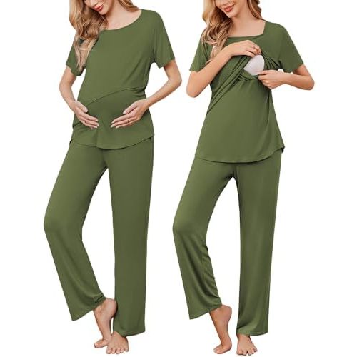 Ekouaer Women's Nursing Pajamas Maternity Pajama Postpartum PJS Breastfeeding Short Sleeve Top & Pants Sets with Pockets