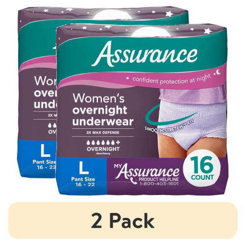 (2 pack) Assurance Women's Overnight Incontinence and Postpartum Underwear, L, Ultimate Absorbency, 16 Count