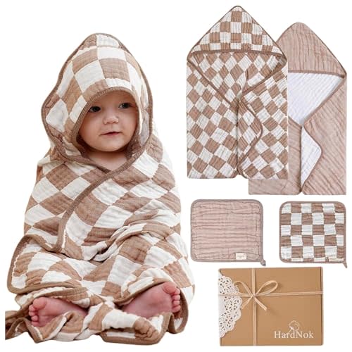 4-Pc Ultra-Soft Muslin Baby Towel Set - Bath & Beach, (Coffee Checkered, 32“x32)