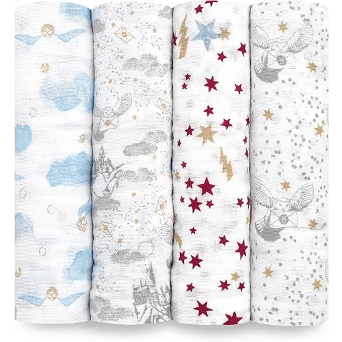 aden + anais Swaddle Blanket, Boutique Muslin Blankets for Girls & Boys, Baby Receiving Swaddles, Ideal Newborn & Infant Swaddling Set, Perfect Shower Gifts, 4 Pack, Harry Potter