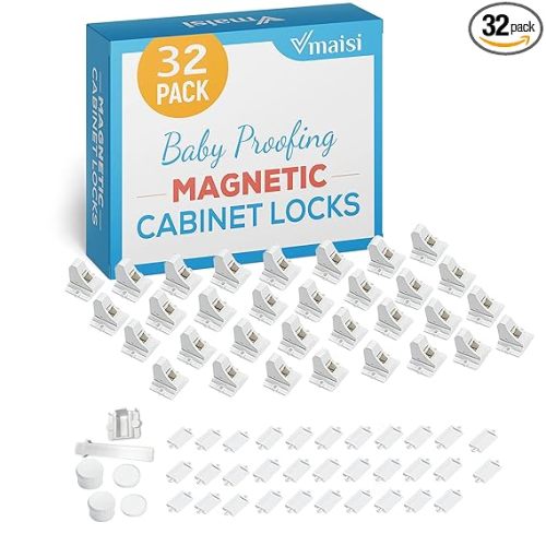 Vmaisi Adhesive Magnetic Locks for Cabinets & Drawers (32 Locks and 4 Keys)