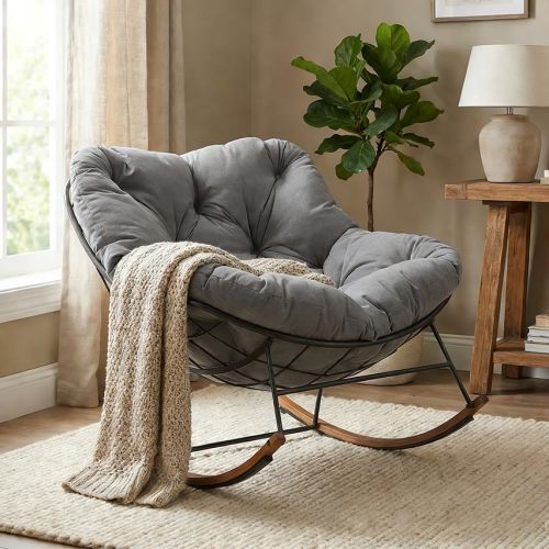 Outdoor Rocking Chair, 400 lbs Sturdy Frame with Thick Cushion,Patio Papasan Chair for Bedroom, Living Room, Porch, Garden(Grey)
