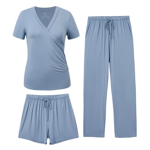 PATPAT 3-Piece Maternity Nursing Pajamas, Womens Lounge Set with Pockets | Pregnancy through postpartum, everyday sleepwear, soft fabric, easy nursing access, adjustable waistband, shorts and pants