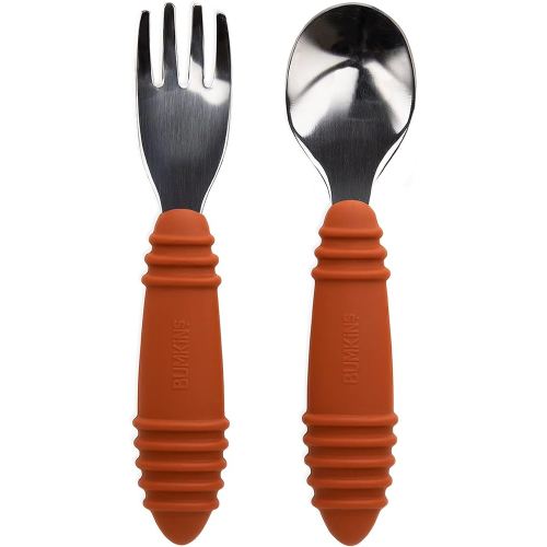 Bumkins Toddler Utensils, Kids Size Fork and Spoon Set, Silicone and Stainless-Steel Training Silverware, Angled Forks/Sporks for Self-Feeding, Children Hold Learning to Eat, 18 Months Up, Clay