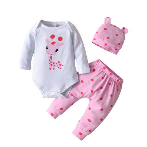 Newborn Baby Girl Clothes Animals Style Long Sleeve Ruffle Romper Pants Set 3PCS Pink 3-6 Months
