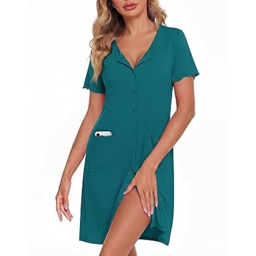 ZOOSIXX Nightgowns for Women - Short Sleeve Sleepwear Button Up Pajamas for Women V-Neck Sleepwear Dress with Pockets