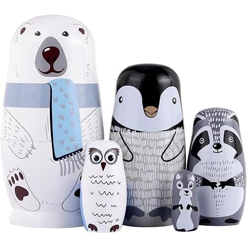 Yoption 5Pcs Russian Matryoshka Dolls Handmade Wooden Polar Bear Penguin Nesting Dolls Set for Kids Christmas Birthday Toy Gift (Polar Bear)