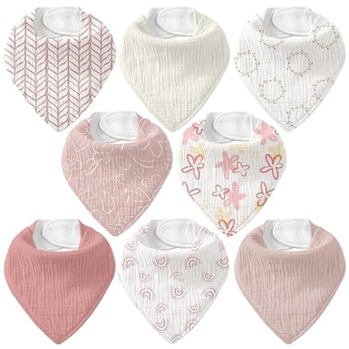 8 Pack Muslin Baby Bandana Bibs for Drooling and Teething | Absorbent Cotton Drool Bib for Baby Boy Girl, Easy Adjustable Bibs for Newborn Infants Toddlers, 0-36 Months, Burgundy floral