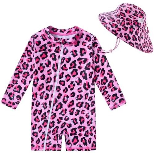 UNIFACO Infant Baby Girl Swimsuit Full Zipper Bathing Suit with Sun Hat UPF 50+ Long Sleeve Rash Guar Swim Suit