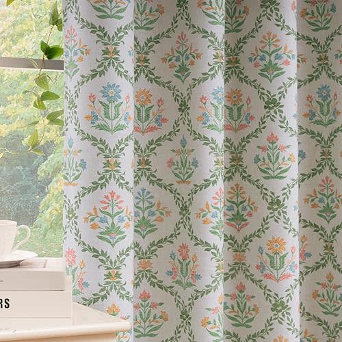ColorBird 100% Blackout Curtains for Nursery Girls Bedroom Decor Floral Green and Pink Block Print Patterned Cottage Core Curtains & Drapes 84 Inches for Living Room Window Treatments