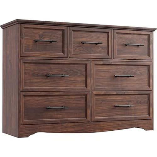 Walnut Farmhouse Dresser for Bedroom, Modern 7 Chest of Drawers, 47" Wide Chest of Drawers with Metal Handle, Wood Dresser TV Stand and Storage Cabinet for Bedroom, Living Room