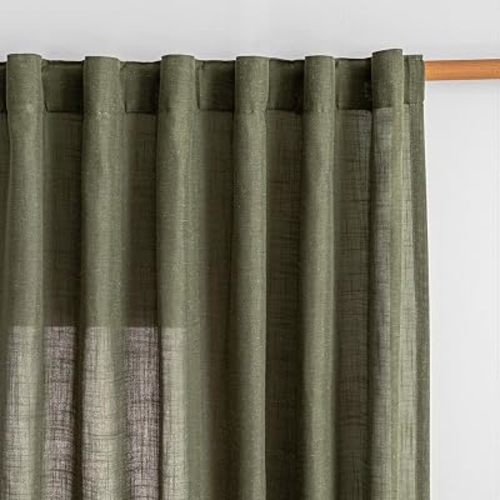 MYSKY HOME Curtains for Living Room 84 Inches Long Semi Sheer Light Filtering Privacy Drapes Linen Look Textured Boho Home Decor, Backdrop Curtain for Parties, 50" x 84", Olive Green, 2 Panels