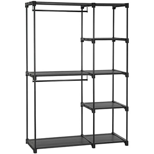 SONGMICS Freestanding Closet Organizer, Portable Wardrobe with 2 Hanging Rods, Clothes Rack, Storage Organizer, Cloakroom, Study, Stable, 44.1 x 16.9 x 65 inches, Black URYG24BK