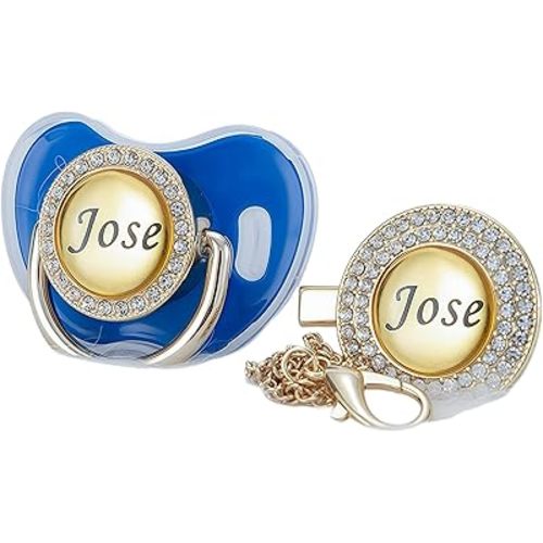 Custom Name Bling Pacifier & Clip Set – Personalized Binky for Baby Shower, Newborn Keepsake for Photos (Blue)
