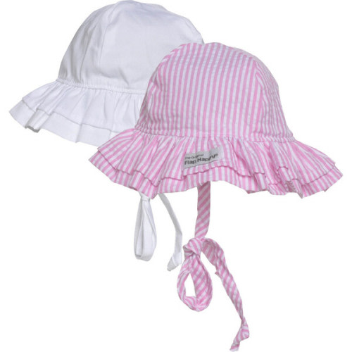 Double Ruffle Hat 2Pack, White & Pink Stripe Seersucker - Flap Happy Hats & Mittens | Maisonette