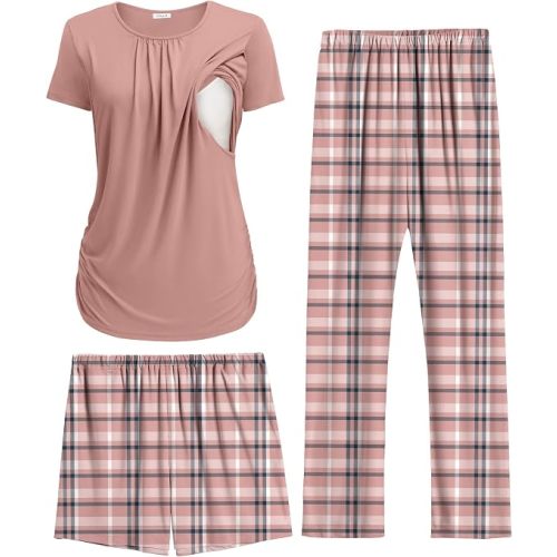 Ekouaer Maternity Nursing Pajamas Set 3 Piece Postpartum Breastfeeding Pjs